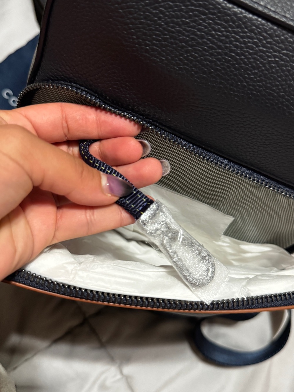 Cole Haan Navy and British Tan Leather Sling Bag - Picture 9 of 9